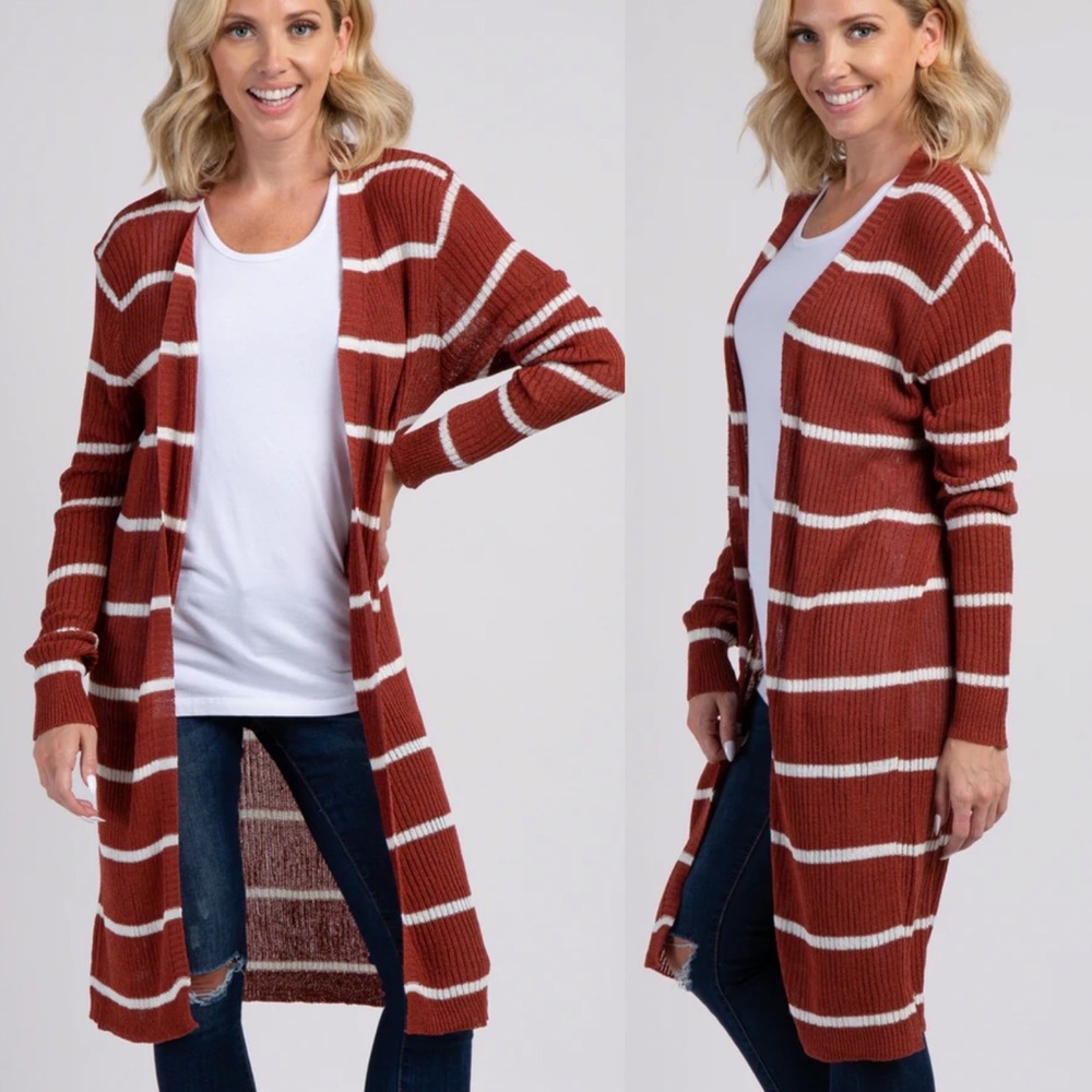 Doe & Rae striped duster open cardigan rust red and white size large NWT